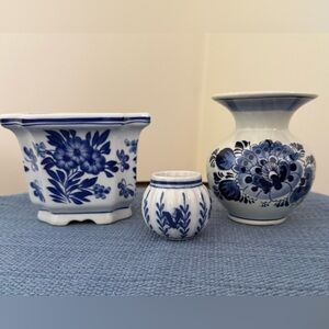 Three (3) Beautiful Blue and White Flowered Containers